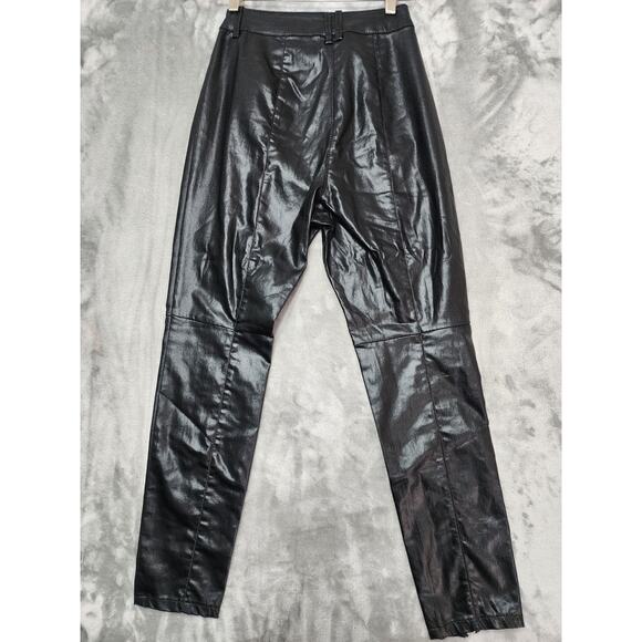 H&M Jeans Womens 12 Black Coated Faux Leather Stretch High Rise Skinny Zip Hem - Picture 3 of 10